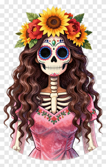 Colorful Skeleton Woman With Floral Crown PNG