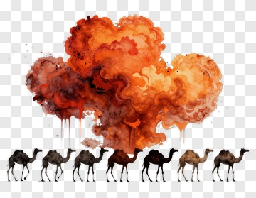 Camels Walking With Colorful Smoke Clouds PNG