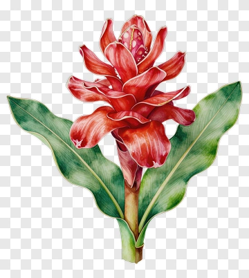 Red Flower With Green Leaves PNG