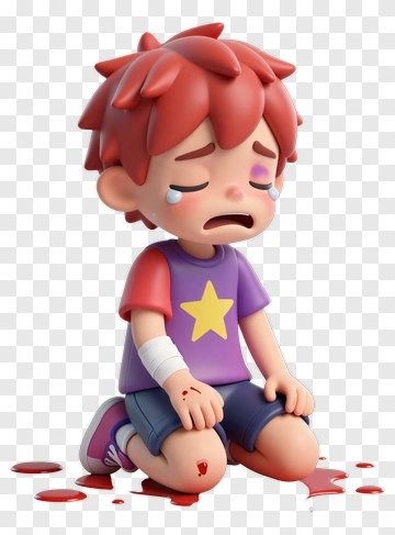 Sad Cartoon Boy Kneeling With A Bandaged Arm PNG
