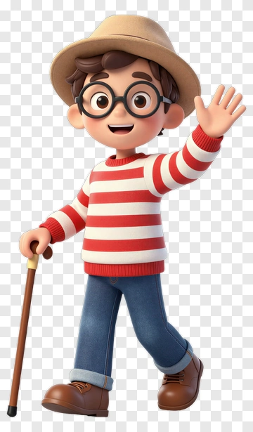 3D Boy Waving And Holding A Walking Cane PNG