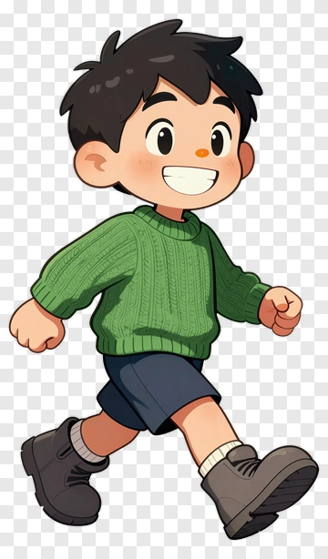 Cartoon Boy Walking In A Green Sweater PNG