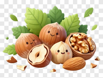 Cartoon Nuts And Leaves Composition PNG