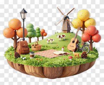 3D Picnic Scene With Guitar And Windmill PNG