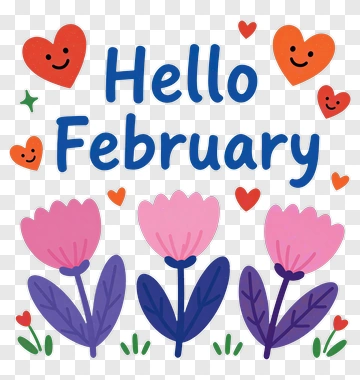Hello February With Flowers And Hearts PNG