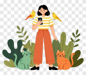 Woman Standing With Two Cats And Birds PNG