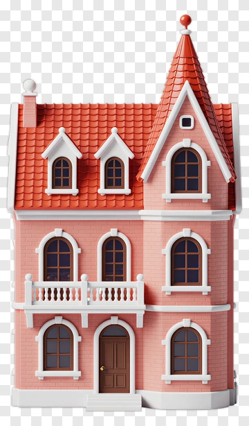 Pink Dollhouse With Red Roof PNG