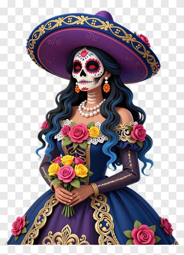 Colorful Sugar Skull Woman Holding A Flower Bouquet PNG