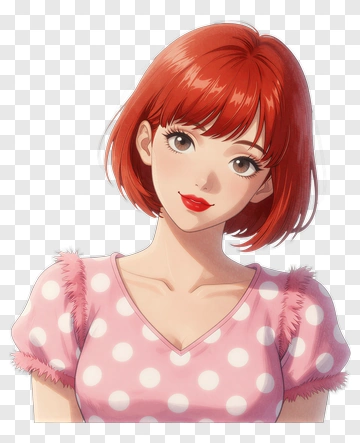Anime Woman With Short Red Hair Wearing A Polka Dot Top PNG