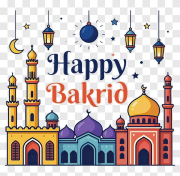 Happy Bakrid Celebration With Colorful Mosques And Lanterns PNG