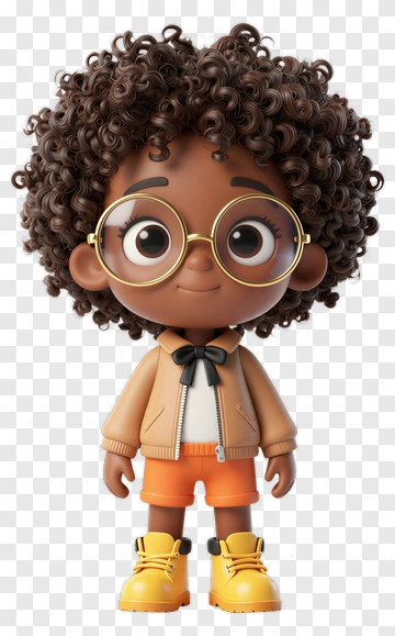 3D Cartoon Child With Curly Hair And Glasses PNG