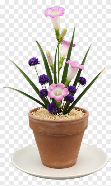 Flower Pot With Pink And Purple Flowers PNG