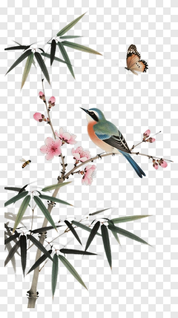 Bird Sitting On A Branch With Flowers And Bamboo PNG