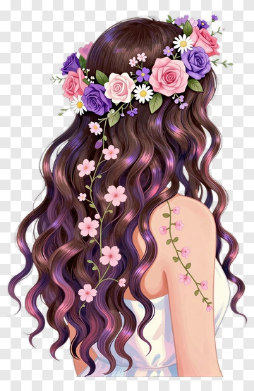 Woman With Floral Crown And Long Wavy Hair PNG