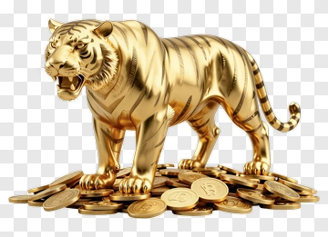 Golden Tiger Standing On Coins PNG