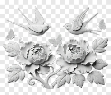 White Floral Design With Birds And Butterflies PNG