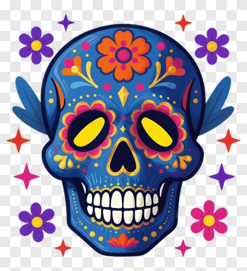 Colorful Sugar Skull With Floral Decorations PNG