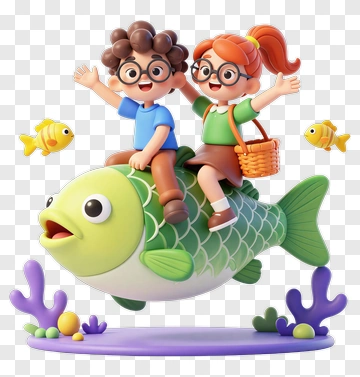 Cartoon Children Riding A Fish PNG