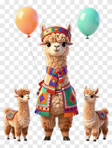 Cartoon Llama Family With Balloons PNG