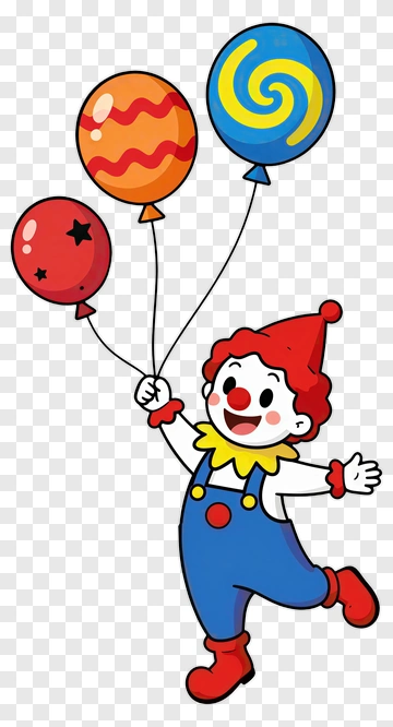 Cartoon Clown Holding Colorful Balloons PNG
