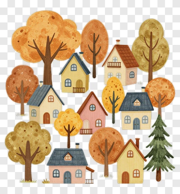Colorful Autumn Village With Trees And Houses PNG