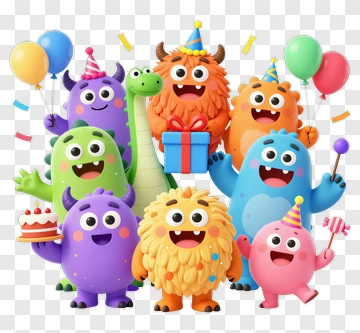 Colorful Cartoon Monsters Celebrating A Birthday PNG