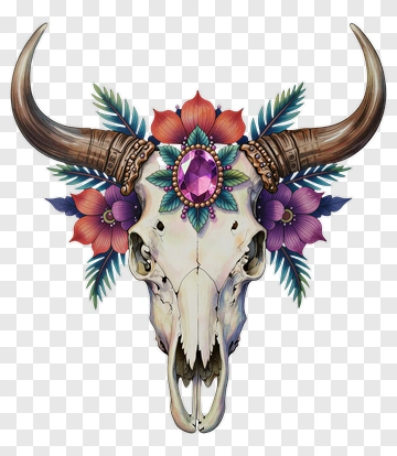 Decorative Bull Skull With Floral Accents PNG