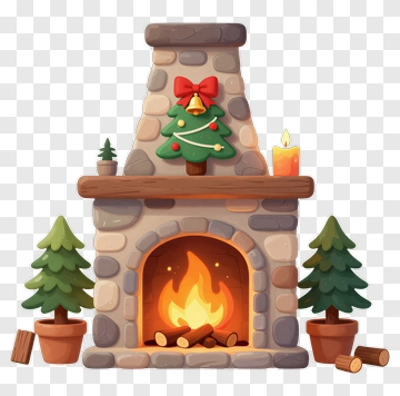Cartoon Fireplace With Christmas Tree And Candles PNG