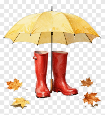 Red Rain Boots Under A Yellow Umbrella PNG