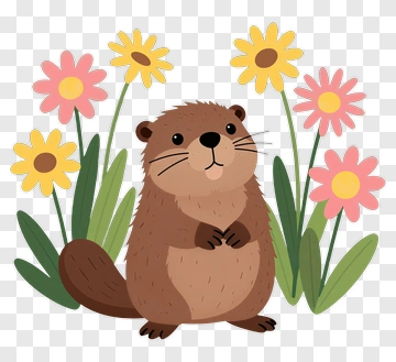 Cartoon Beaver Surrounded By Colorful Flowers PNG