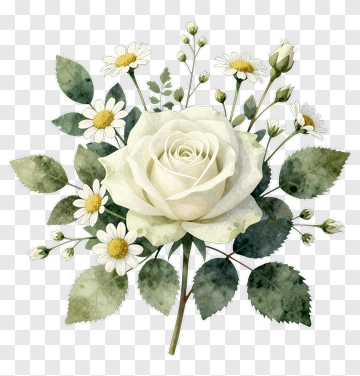 White Rose With Daisies And Green Leaves PNG
