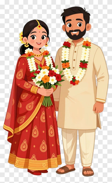 Couple In Traditional Wedding Attire Holding Flowers PNG