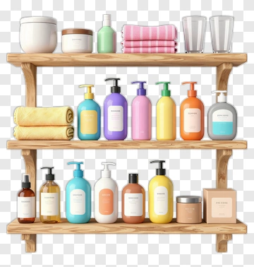 Bathroom Shelf With Various Toiletries And Towels PNG