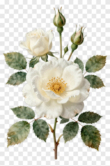 White Rose With Buds And Leaves PNG