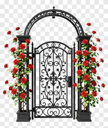 Decorative Garden Gate With Red Roses PNG