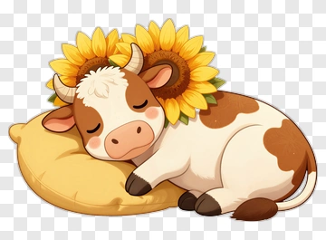 Cartoon Cow Sleeping On A Pillow With Sunflowers PNG