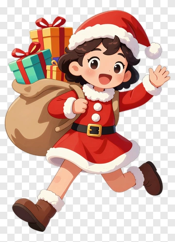 Cartoon Girl In Santa Outfit Carrying Christmas Gifts PNG