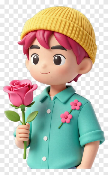 3D Boy Holding A Pink Rose PNG