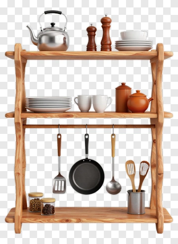 Wooden Kitchen Shelf With Cookware And Tableware PNG