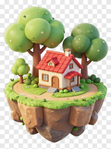 3D House Surrounded By Trees On A Floating Island PNG