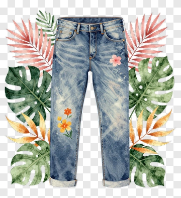 Floral Embroidered Denim Jeans PNG