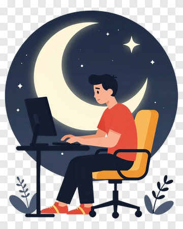 Young Man Working At A Computer Under A Crescent Moon PNG