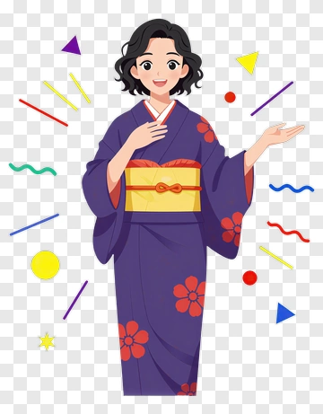 Cartoon Woman In Kimono With Colorful Shapes PNG