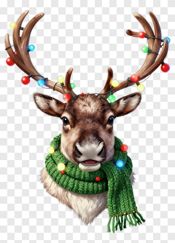 Reindeer Wearing A Green Scarf With Christmas Lights PNG