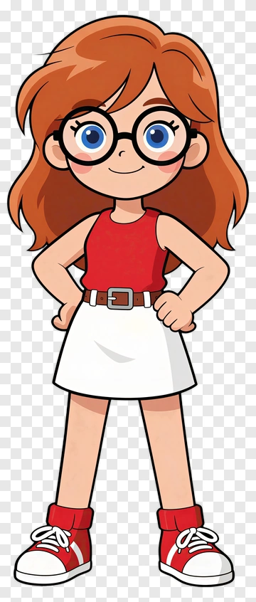 Cartoon Girl With Glasses And Red Outfit PNG