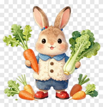Cartoon Rabbit Holding Carrot And Lettuce PNG