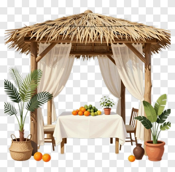 Fruit Stand Under A Thatched Roof Gazebo PNG