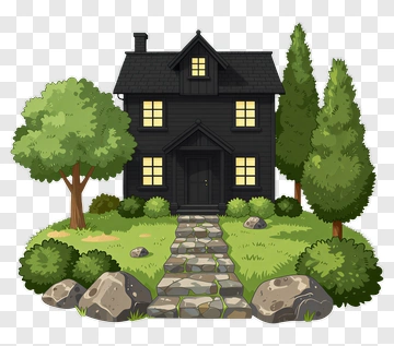 Black House With Trees And Pathway PNG