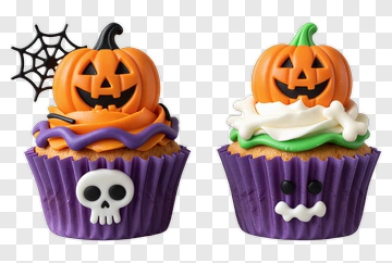 Halloween Cupcakes With Pumpkin And Skull Decorations PNG