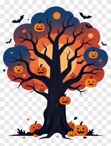 Halloween Tree With Pumpkins And Bats PNG